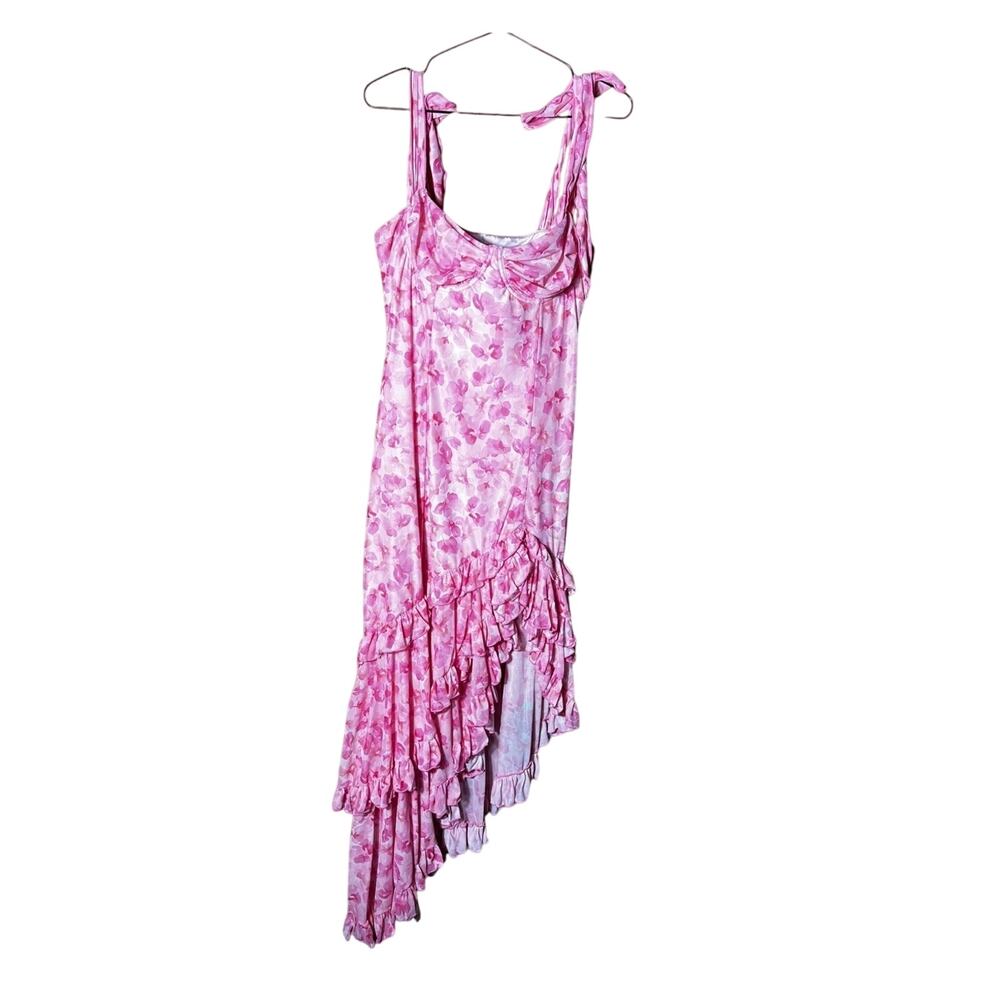 Sugar Thrillz Pink Floral Asymmetrical Ruffle Tie Strap Dress XXL Fairycore - Picture 2 of 6